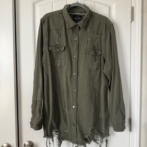 NWOT Olive Distressed Denim Shacket